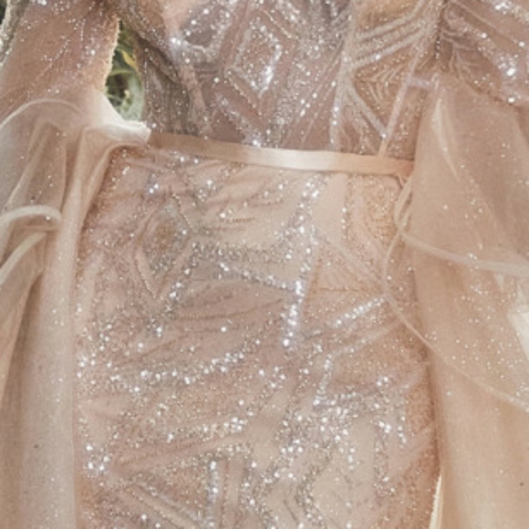 Champagne gold off the shoulder long sleeve floor length gown - Picture 7 of 15